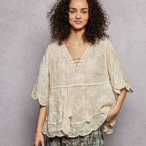 NS013. POL Bohemian Crochet Lace Up Cream Embroidered Top In One Size